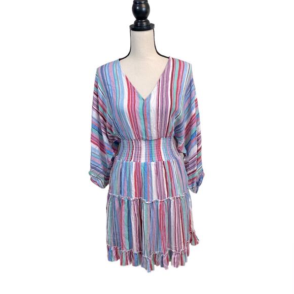 Hyped Unicorn Pastel Striped Boho V-Neck Ruffle Dress Size Small - Picture 1 of 7